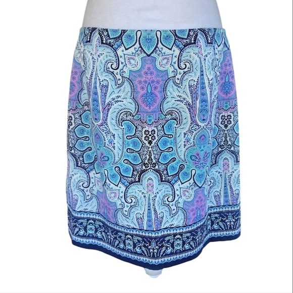 Talbots Bright Colorful Pink Blue Mandala Print Cotton Blend Midi Skirt Size 10 - Picture 5 of 8